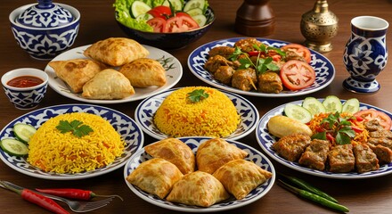 Uzbek Cuisine Selection Rice Samosa Kebab
