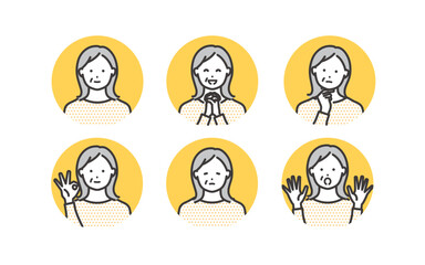 シニア女性のいろいろな表情アイコン素材セット