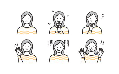 シニア女性のいろいろな表情アイコン素材セット