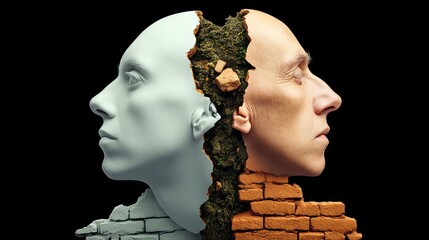 Two faces with one of them having a brick wall in the middle. The other face is a split in half