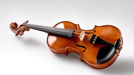 Fototapeta premium Beautiful brown violin with a black bridge and a gold key. The instrument is sitting on a white background