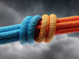 Intertwined ropes symbolize connection, unity, and strength. Partnership, collaboration, or teamwork concept. Metaphor for relationships, support, and solutions.