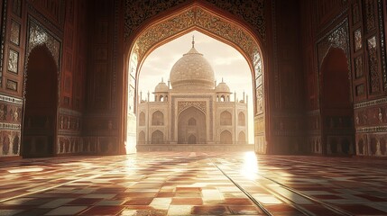 Taj Mahal Sunrise View from Ornate Archway Majestic Indian Palace Architecture Golden Hour Light    
