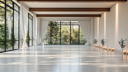 Fototapeta premium Spacious yoga studio with large windows, white curtains, wooden beams, candles, and plants, peaceful atmosphere