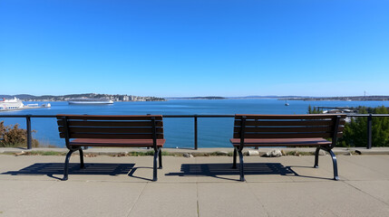 Obraz premium Panoramic image of two empty benches overlooking the Puget Sound, Seattle, Washington