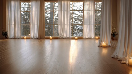 Fototapeta premium Spacious yoga studio with wooden floor, large windows, sheer curtains, and glowing candles creates peaceful mood