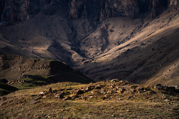 Rocky lawn against the backdrop of high rocks with rays of the setting sun. Landscape without sky