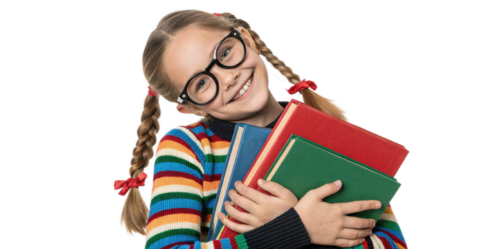 Smiling caucasian female child with glasses holding colorful books in a striped sweaterv