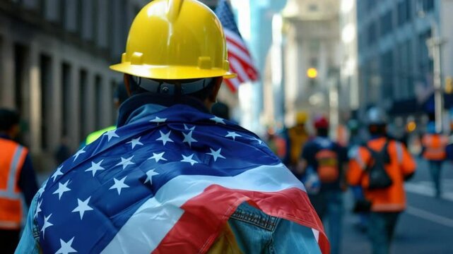 Construction worker with American flag at a parade