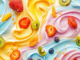 Close-up of dry yogurt shaped into colorful swirls, adorned with fruit powder and sweet toppings