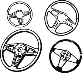 A collection of stylized, black and white line art car steering wheels.