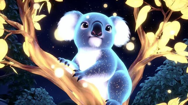A glowing magical koala with sparkling fur