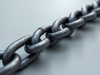 Close-up of strong metal chain links on grey background, great for strength or connection themes. Generative AI