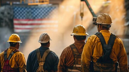 Workers in helmets at construction site with US flag in background