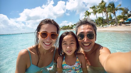 Fototapeta premium Family of three is enjoying a day at the beach. The woman is wearing a blue bikini and the man is wearing sunglasses. The young girl is wearing a yellow bikini. They are all smiling