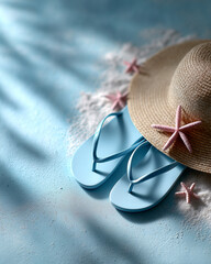 Flat Lay of Flip-Flops, Straw Hat, and Starfish on Summer Sand