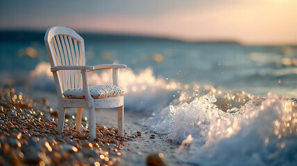 White Chair on Pebble Beach with Ocean Waves at Sunset. selective focus.