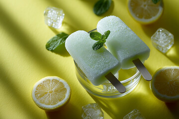 Refreshing Lime Popsicles with Lemon and Mint on Yellow Background