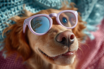 Happy Dog Wearing Pink Sunglasses with Palm Tree Reflection