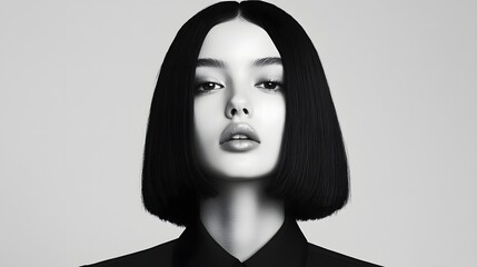 A high-fashion noir portrait of a confident, striking model. long_title:A captivating, cinematic black and white portrait of a poised, sophisticated