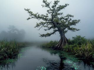 Obraz premium Ancient tree misty swamp glowing water mysterious nature landscape tranquil morning
