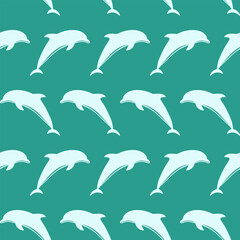 Seamless pattern with light teal dolphins swimming on vibrant teal background. Fresh and energetic marine-themed design for textiles and backgrounds. Vector marine cute baby seamless pattern.