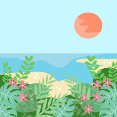 Tropical Beach Landscape Vector with Flowers, Leaves, and Sun