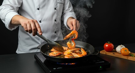 Shrimp Cooking in Pan with Chef