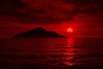 Fototapeta premium Bloody Red Sunset Over Water with Island Silhouette – Horror and Apocalypse Concept Background