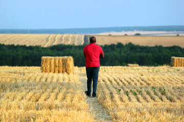 Black man in red shirt walking through harvested wheat field