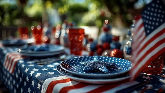 Patriotic table setting outdoors