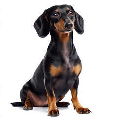 Dachshund sitting with long body emphasized on white background