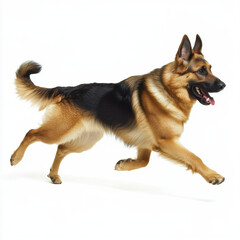 German Shepherd running energetically on white background