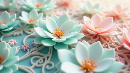 Pastel Sugar Flowers: Delicate pastel-colored sugar flowers in soft mint green and blush pink, meticulously crafted with intricate details, creating a stunning floral arrangement. 