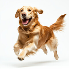 Joyful golden retriever running energetically on white background