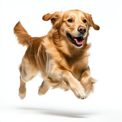 Golden retriever joyfully running on white background