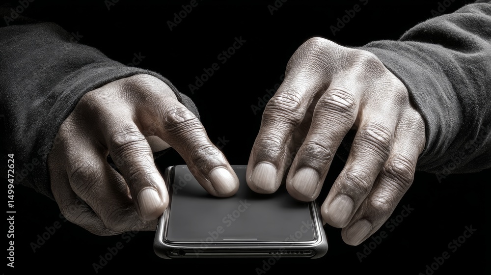 Poster man is using a cell phone with his thumb and index finger. concept of urgency or importance, as the 