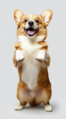 Happy Pembroke Welsh Corgi stands on hind legs, showcasing its playful nature