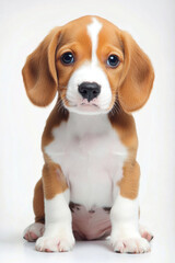 Small, adorable Beagle puppy with curious expression sits on white background