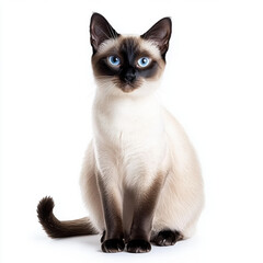 Seated Siamese cat with striking blue eyes on white background