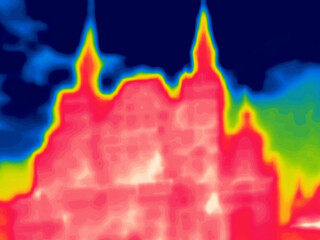 An ancient massive temple, old church. Image thermal imager device.