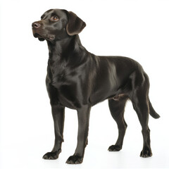 Labrador Retriever stands on white background, looking alert and focused