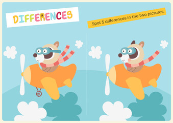 Animals activities for kids. Spot 5 differences in two pictures. Cute raccoon in airplane. Vector illustration. Activity flash card. Game to boost attention and focus.