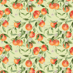 Seamless pattern with watercolor illustration of grapefruit with white flowers. Hand painted print with grapefruit branche with green leaves on isolated. Citrus food for wrapping paper, textile design