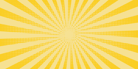 Yellow abstract background with light of sunburst. yellow starburst with halftone. sun ray retro background with flash