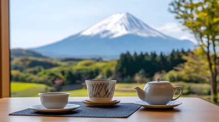 Traditional Japanese tea room with scenic mountain view