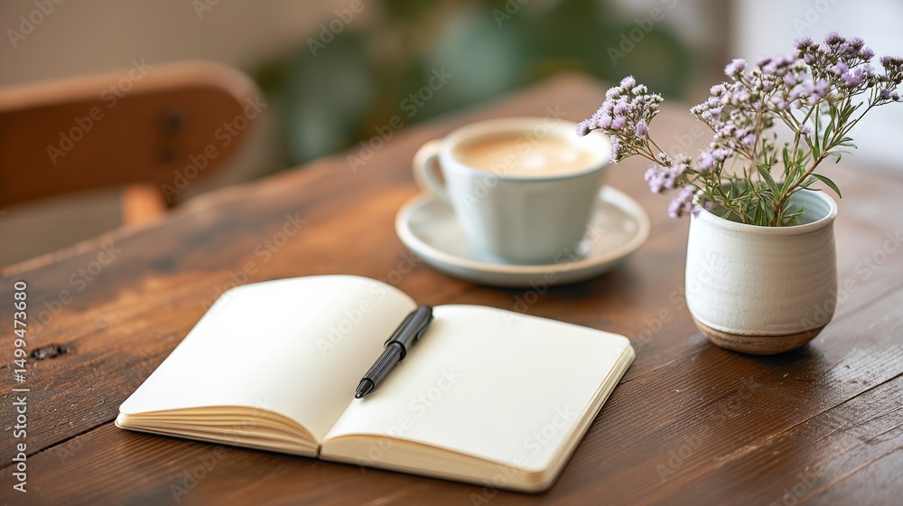 Poster notebook is open on a wooden table with a pen and a cup of coffee. the notebook is filled with writi
