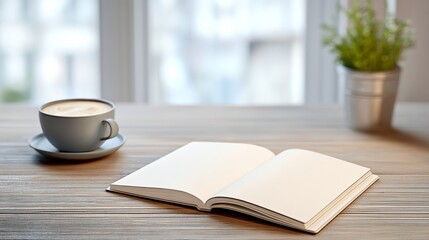 Fototapeta premium Book is open on a table next to a cup of coffee. The book is white and the coffee is hot. The scene is peaceful and relaxing, with the book and coffee providing a moment of calm in a busy day