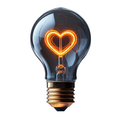 Heart shaped light bulb glowing love and inspiration creative concept on transparent background