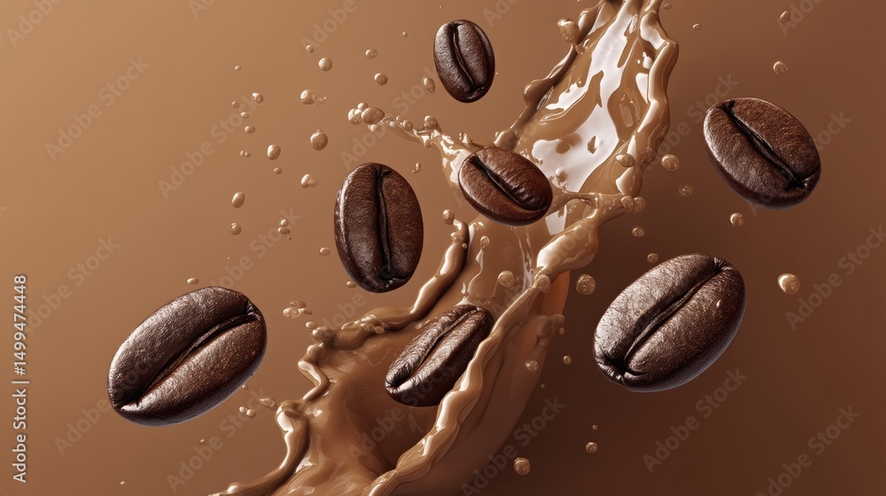 Poster splash of chocolate with coffee beans floating in it. the beans are scattered around the splash, cre